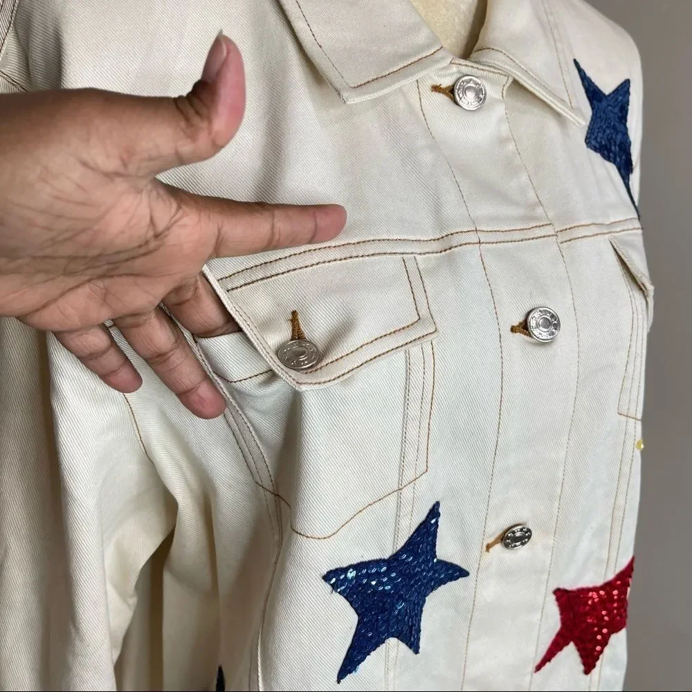 Dianes Beige Star Jeans Jacket Large NWT - Picture 12 of 15